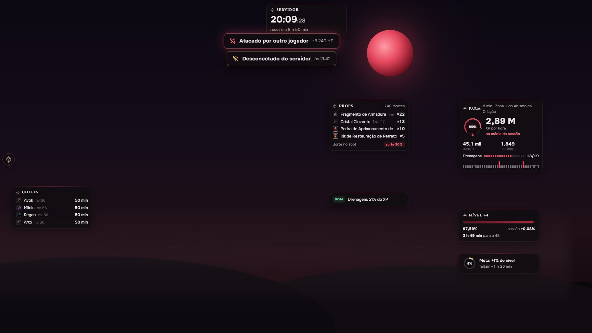 Overlays do VampirHelper sobre o jogo: farm, drops, nível, meta, chefes e relógio do servidor